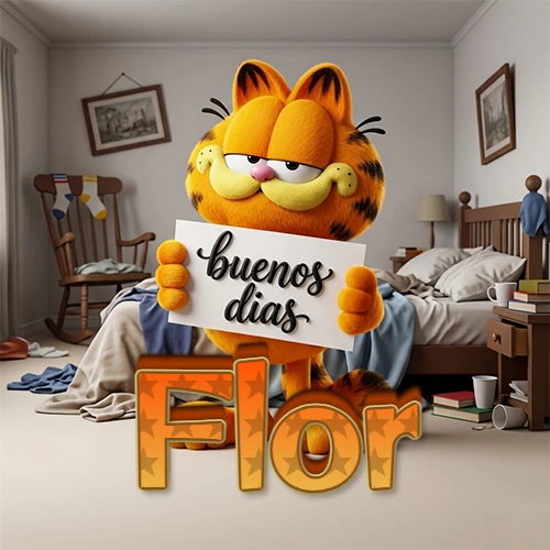 Garfield en dormitorio con pizarra blanca que dice 'Buenos Días', nombre en base 3D degradada naranja abajo. Nombre personalizado: Flor.