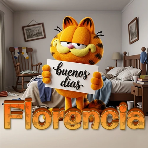 Garfield en dormitorio con pizarra blanca que dice 'Buenos Días', nombre en base 3D degradada naranja abajo. Nombre personalizado: Florencia.