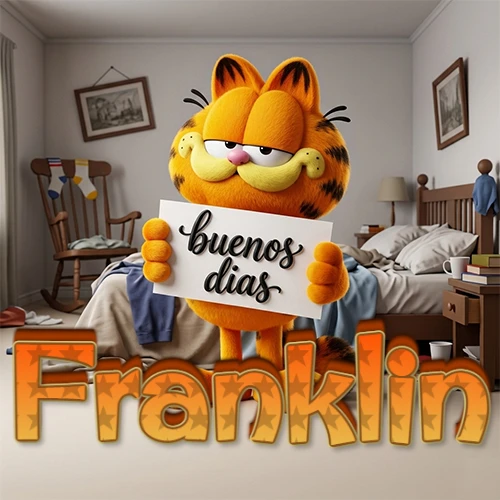 Garfield en dormitorio con pizarra blanca que dice 'Buenos Días', nombre en base 3D degradada naranja abajo. Nombre personalizado: Franklin.
