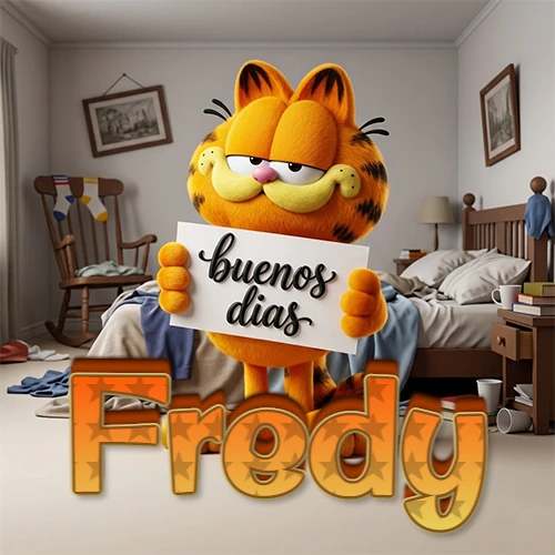 Garfield en dormitorio con pizarra blanca que dice 'Buenos Días', nombre en base 3D degradada naranja abajo. Nombre personalizado: Fredy.