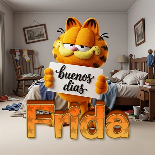 Garfield en dormitorio con pizarra blanca que dice 'Buenos Días', nombre en base 3D degradada naranja abajo. Nombre personalizado: Frida. Garfield en dormitorio con pizarra blanca que dice 'Buenos Días', nombre en base 3D degradada naranja abajo. Nombre personalizado: Frida.