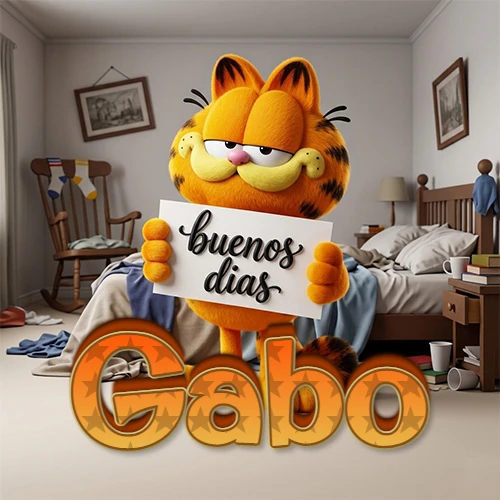 Garfield en dormitorio con pizarra blanca que dice 'Buenos Días', nombre en base 3D degradada naranja abajo. Nombre personalizado: Gabo.