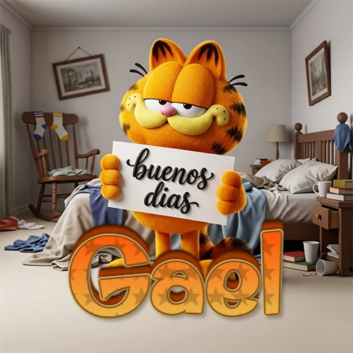 Garfield en dormitorio con pizarra blanca que dice 'Buenos Días', nombre en base 3D degradada naranja abajo. Nombre personalizado: Gael.