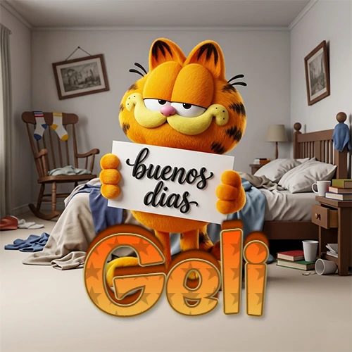 Garfield en dormitorio con pizarra blanca que dice 'Buenos Días', nombre en base 3D degradada naranja abajo. Nombre personalizado: Geli.