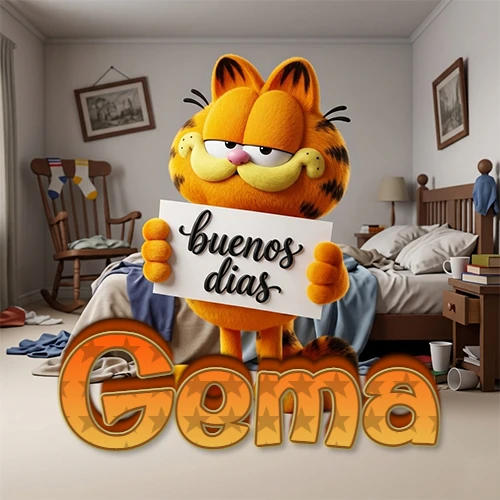 Garfield en dormitorio con pizarra blanca que dice 'Buenos Días', nombre en base 3D degradada naranja abajo. Nombre personalizado: Gema. Garfield en dormitorio con pizarra blanca que dice 'Buenos Días', nombre en base 3D degradada naranja abajo. Nombre personalizado: Gema.