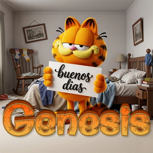 Garfield en dormitorio con pizarra blanca que dice 'Buenos Días', nombre en base 3D degradada naranja abajo. Nombre personalizado: Genesis.