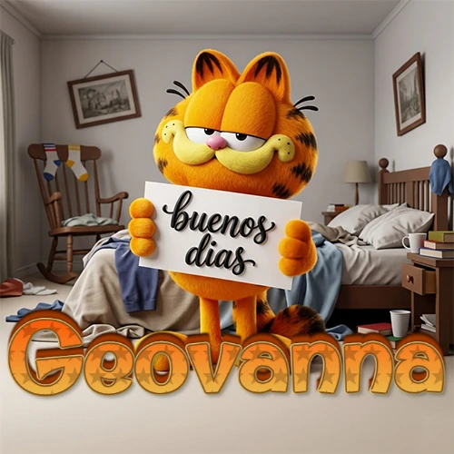 Garfield en dormitorio con pizarra blanca que dice 'Buenos Días', nombre en base 3D degradada naranja abajo. Nombre personalizado: Geovanna.
