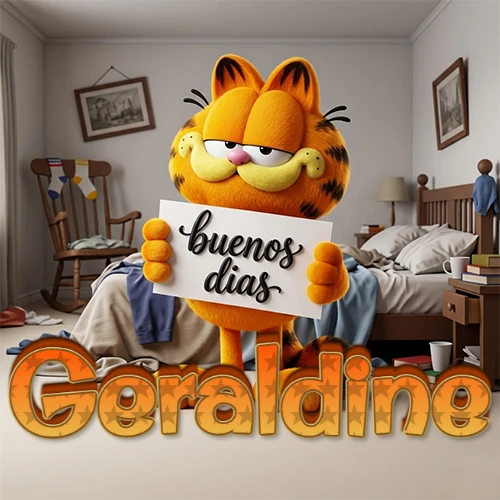 Garfield en dormitorio con pizarra blanca que dice 'Buenos Días', nombre en base 3D degradada naranja abajo. Nombre personalizado: Geraldine.