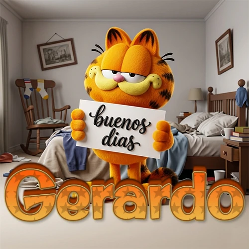 Garfield en dormitorio con pizarra blanca que dice 'Buenos Días', nombre en base 3D degradada naranja abajo. Nombre personalizado: Gerardo.
