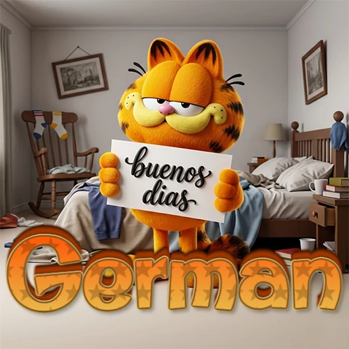 Garfield en dormitorio con pizarra blanca que dice 'Buenos Días', nombre en base 3D degradada naranja abajo. Nombre personalizado: German.
