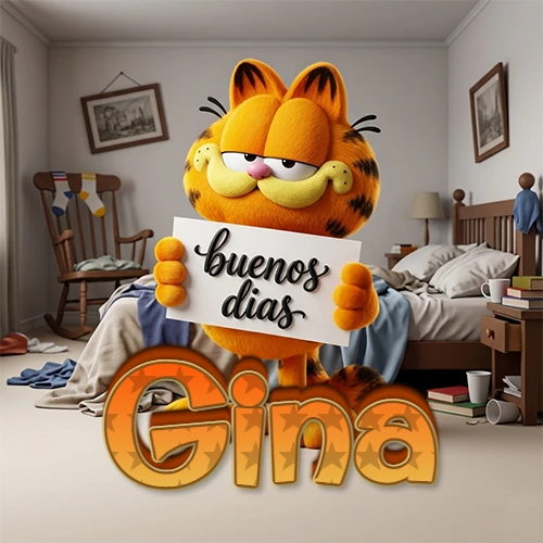Garfield en dormitorio con pizarra blanca que dice 'Buenos Días', nombre en base 3D degradada naranja abajo. Nombre personalizado: Gina.