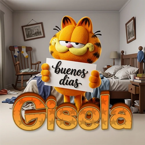 Garfield en dormitorio con pizarra blanca que dice 'Buenos Días', nombre en base 3D degradada naranja abajo. Nombre personalizado: Gisela.