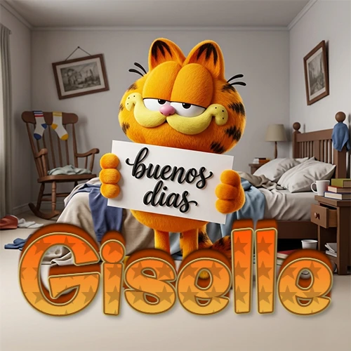 Garfield en dormitorio con pizarra blanca que dice 'Buenos Días', nombre en base 3D degradada naranja abajo. Nombre personalizado: Giselle.