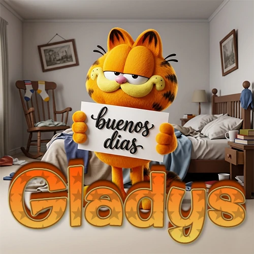 Garfield en dormitorio con pizarra blanca que dice 'Buenos Días', nombre en base 3D degradada naranja abajo. Nombre personalizado: Gladys.