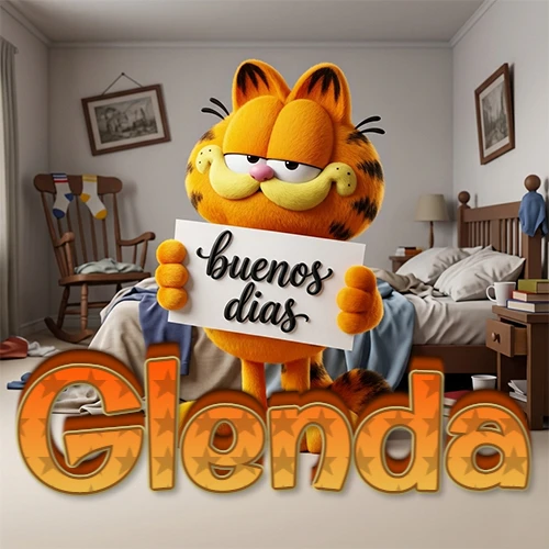 Garfield en dormitorio con pizarra blanca que dice 'Buenos Días', nombre en base 3D degradada naranja abajo. Nombre personalizado: Glenda.