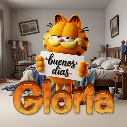 Garfield en dormitorio con pizarra blanca que dice 'Buenos Días', nombre en base 3D degradada naranja abajo. Nombre personalizado: Gloria.