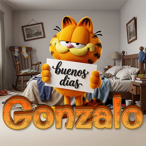 Garfield en dormitorio con pizarra blanca que dice 'Buenos Días', nombre en base 3D degradada naranja abajo. Nombre personalizado: Gonzalo.