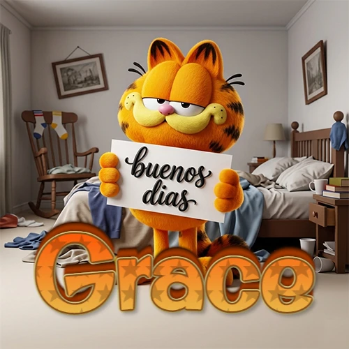 Garfield en dormitorio con pizarra blanca que dice 'Buenos Días', nombre en base 3D degradada naranja abajo. Nombre personalizado: Grace.