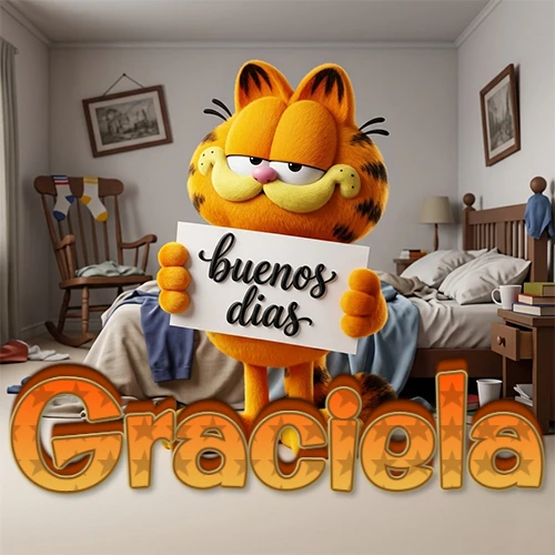 Garfield en dormitorio con pizarra blanca que dice 'Buenos Días', nombre en base 3D degradada naranja abajo. Nombre personalizado: Graciela.