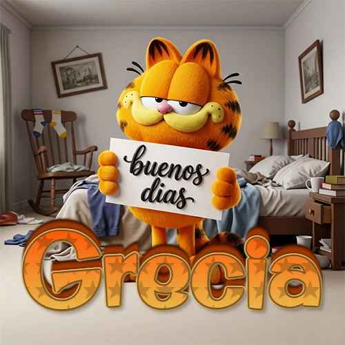 Garfield en dormitorio con pizarra blanca que dice 'Buenos Días', nombre en base 3D degradada naranja abajo. Nombre personalizado: Grecia.
