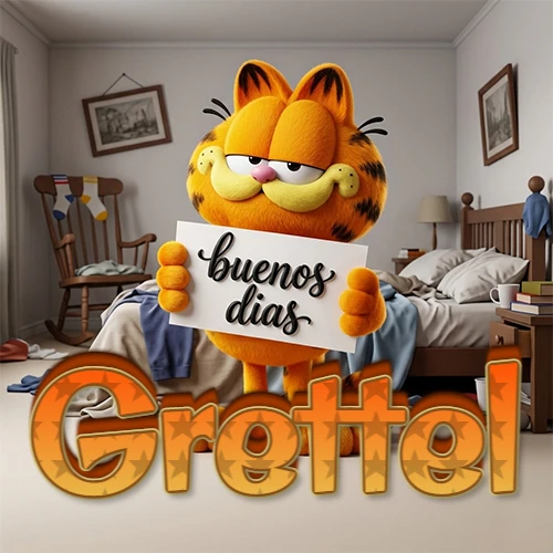 Garfield en dormitorio con pizarra blanca que dice 'Buenos Días', nombre en base 3D degradada naranja abajo. Nombre personalizado: Grettel.