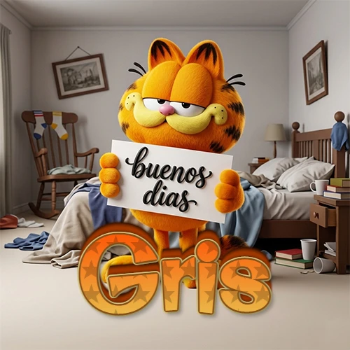 Garfield en dormitorio con pizarra blanca que dice 'Buenos Días', nombre en base 3D degradada naranja abajo. Nombre personalizado: Gris.