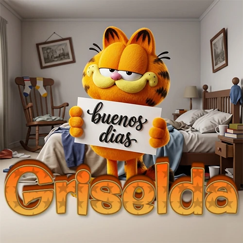 Garfield en dormitorio con pizarra blanca que dice 'Buenos Días', nombre en base 3D degradada naranja abajo. Nombre personalizado: Griselda.