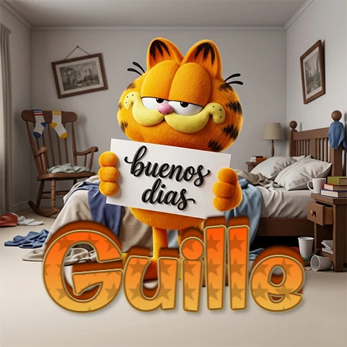 Garfield en dormitorio con pizarra blanca que dice 'Buenos Días', nombre en base 3D degradada naranja abajo. Nombre personalizado: Guille.