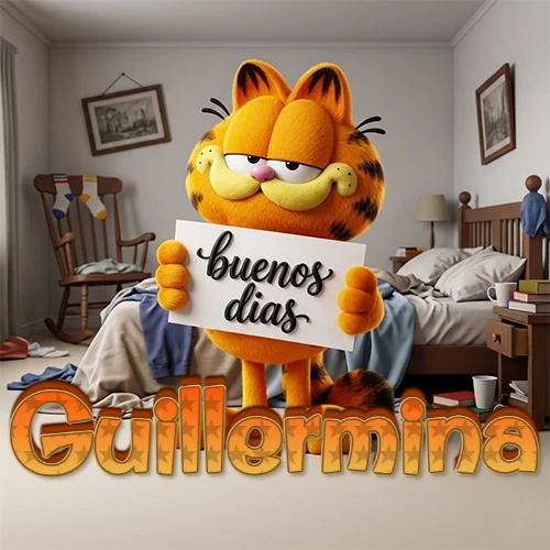 Garfield en dormitorio con pizarra blanca que dice 'Buenos Días', nombre en base 3D degradada naranja abajo. Nombre personalizado: Guillermina.