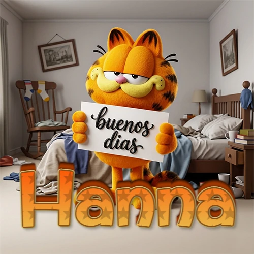 Garfield en dormitorio con pizarra blanca que dice 'Buenos Días', nombre en base 3D degradada naranja abajo. Nombre personalizado: Hanna.