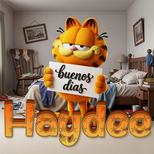 Garfield en dormitorio con pizarra blanca que dice 'Buenos Días', nombre en base 3D degradada naranja abajo. Nombre personalizado: Haydee.
