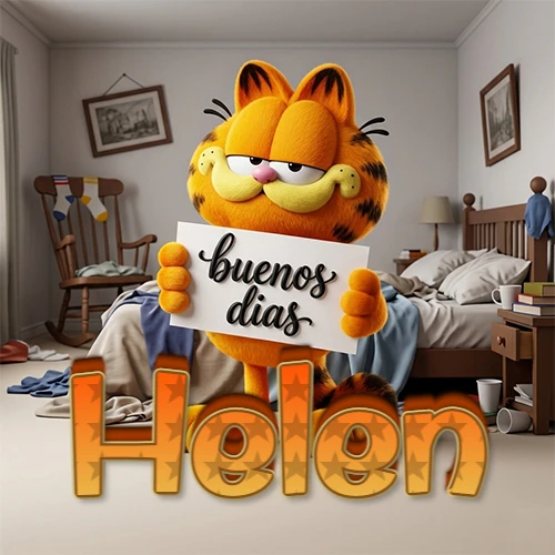 Garfield en dormitorio con pizarra blanca que dice 'Buenos Días', nombre en base 3D degradada naranja abajo. Nombre personalizado: Helen.