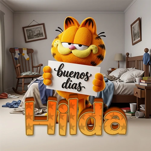 Garfield en dormitorio con pizarra blanca que dice 'Buenos Días', nombre en base 3D degradada naranja abajo. Nombre personalizado: Hilda.