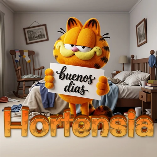 Garfield en dormitorio con pizarra blanca que dice 'Buenos Días', nombre en base 3D degradada naranja abajo. Nombre personalizado: Hortensia.