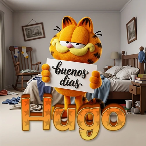 Garfield en dormitorio con pizarra blanca que dice 'Buenos Días', nombre en base 3D degradada naranja abajo. Nombre personalizado: Hugo. Garfield en dormitorio con pizarra blanca que dice 'Buenos Días', nombre en base 3D degradada naranja abajo. Nombre personalizado: Hugo.
