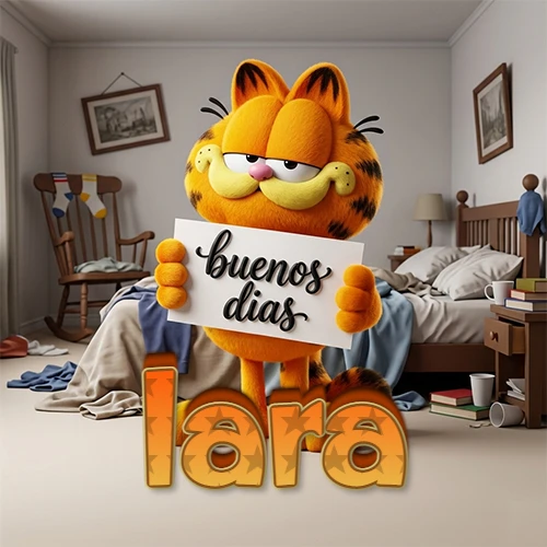 Garfield en dormitorio con pizarra blanca que dice 'Buenos Días', nombre en base 3D degradada naranja abajo. Nombre personalizado: Iara.