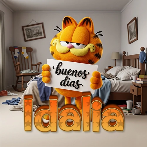 Garfield en dormitorio con pizarra blanca que dice 'Buenos Días', nombre en base 3D degradada naranja abajo. Nombre personalizado: Idalia.