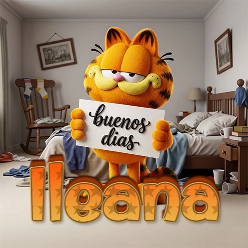 Garfield en dormitorio con pizarra blanca que dice 'Buenos Días', nombre en base 3D degradada naranja abajo. Nombre personalizado: Ileana.