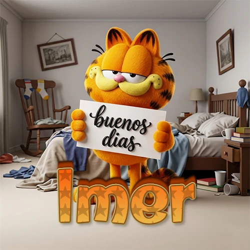 Garfield en dormitorio con pizarra blanca que dice 'Buenos Días', nombre en base 3D degradada naranja abajo. Nombre personalizado: Imer.