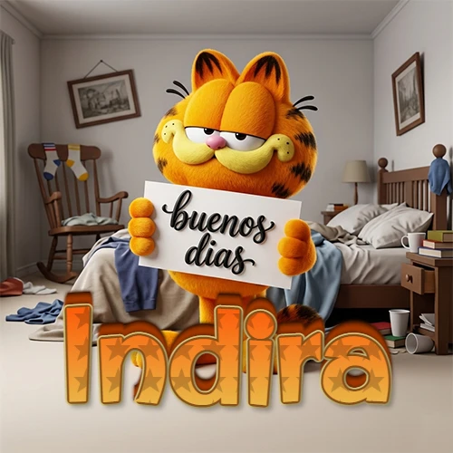 Garfield en dormitorio con pizarra blanca que dice 'Buenos Días', nombre en base 3D degradada naranja abajo. Nombre personalizado: Indira.