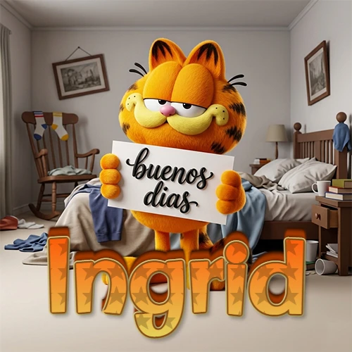 Garfield en dormitorio con pizarra blanca que dice 'Buenos Días', nombre en base 3D degradada naranja abajo. Nombre personalizado: Ingrid.