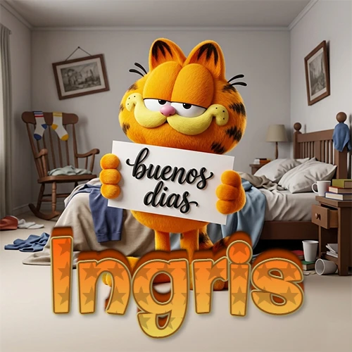 Garfield en dormitorio con pizarra blanca que dice 'Buenos Días', nombre en base 3D degradada naranja abajo. Nombre personalizado: Ingris.