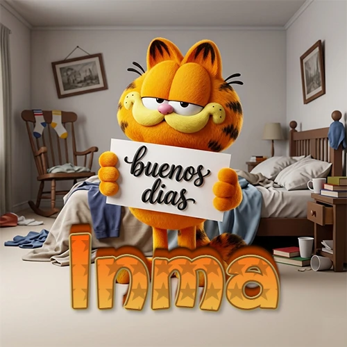 Garfield en dormitorio con pizarra blanca que dice 'Buenos Días', nombre en base 3D degradada naranja abajo. Nombre personalizado: Inma.