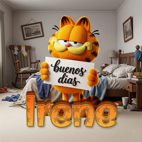 Garfield en dormitorio con pizarra blanca que dice 'Buenos Días', nombre en base 3D degradada naranja abajo. Nombre personalizado: Irene. Garfield en dormitorio con pizarra blanca que dice 'Buenos Días', nombre en base 3D degradada naranja abajo. Nombre personalizado: Irene.