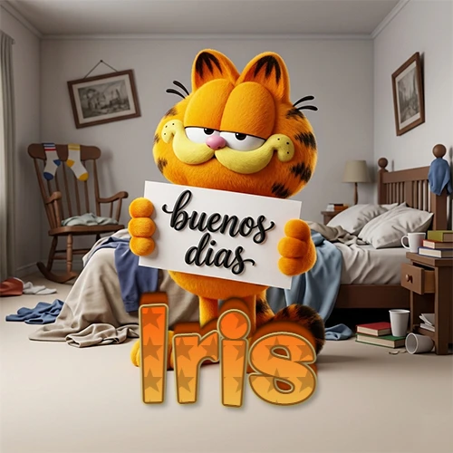 Garfield en dormitorio con pizarra blanca que dice 'Buenos Días', nombre en base 3D degradada naranja abajo. Nombre personalizado: Iris.