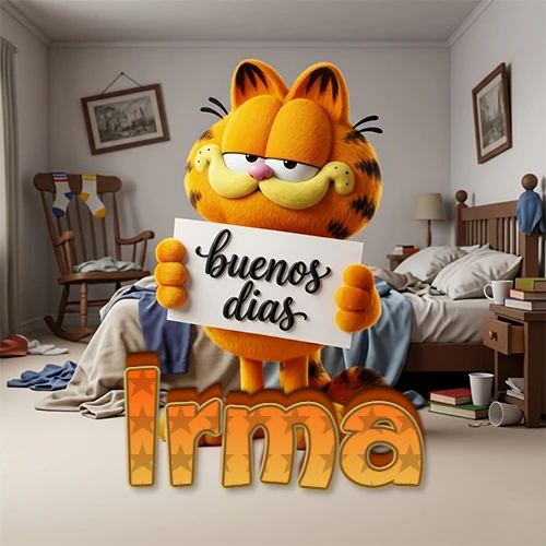 Garfield en dormitorio con pizarra blanca que dice 'Buenos Días', nombre en base 3D degradada naranja abajo. Nombre personalizado: Irma.