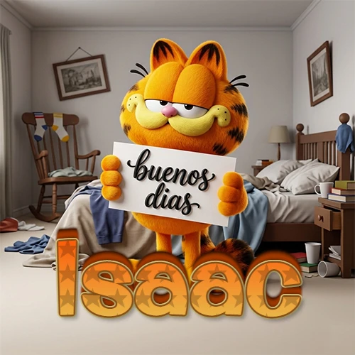 Garfield en dormitorio con pizarra blanca que dice 'Buenos Días', nombre en base 3D degradada naranja abajo. Nombre personalizado: Isaac.