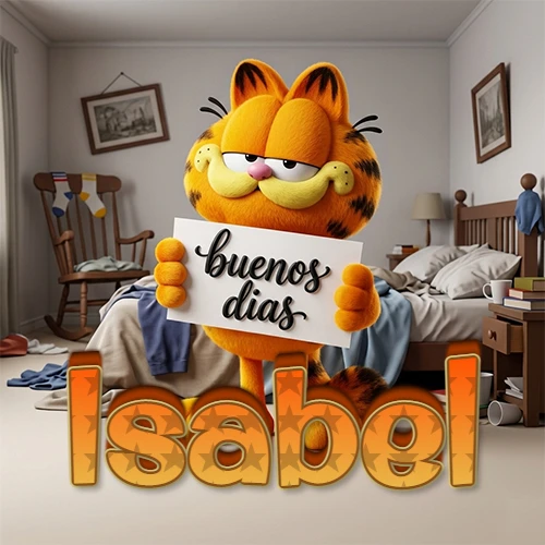 Garfield en dormitorio con pizarra blanca que dice 'Buenos Días', nombre en base 3D degradada naranja abajo. Nombre personalizado: Isabel.