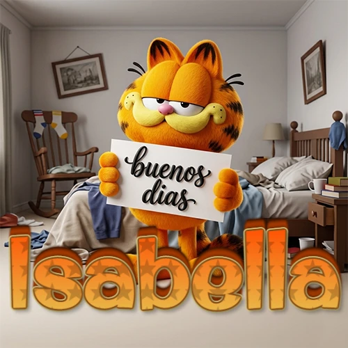 Garfield en dormitorio con pizarra blanca que dice 'Buenos Días', nombre en base 3D degradada naranja abajo. Nombre personalizado: Isabella.