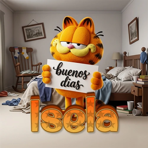 Garfield en dormitorio con pizarra blanca que dice 'Buenos Días', nombre en base 3D degradada naranja abajo. Nombre personalizado: Isela.